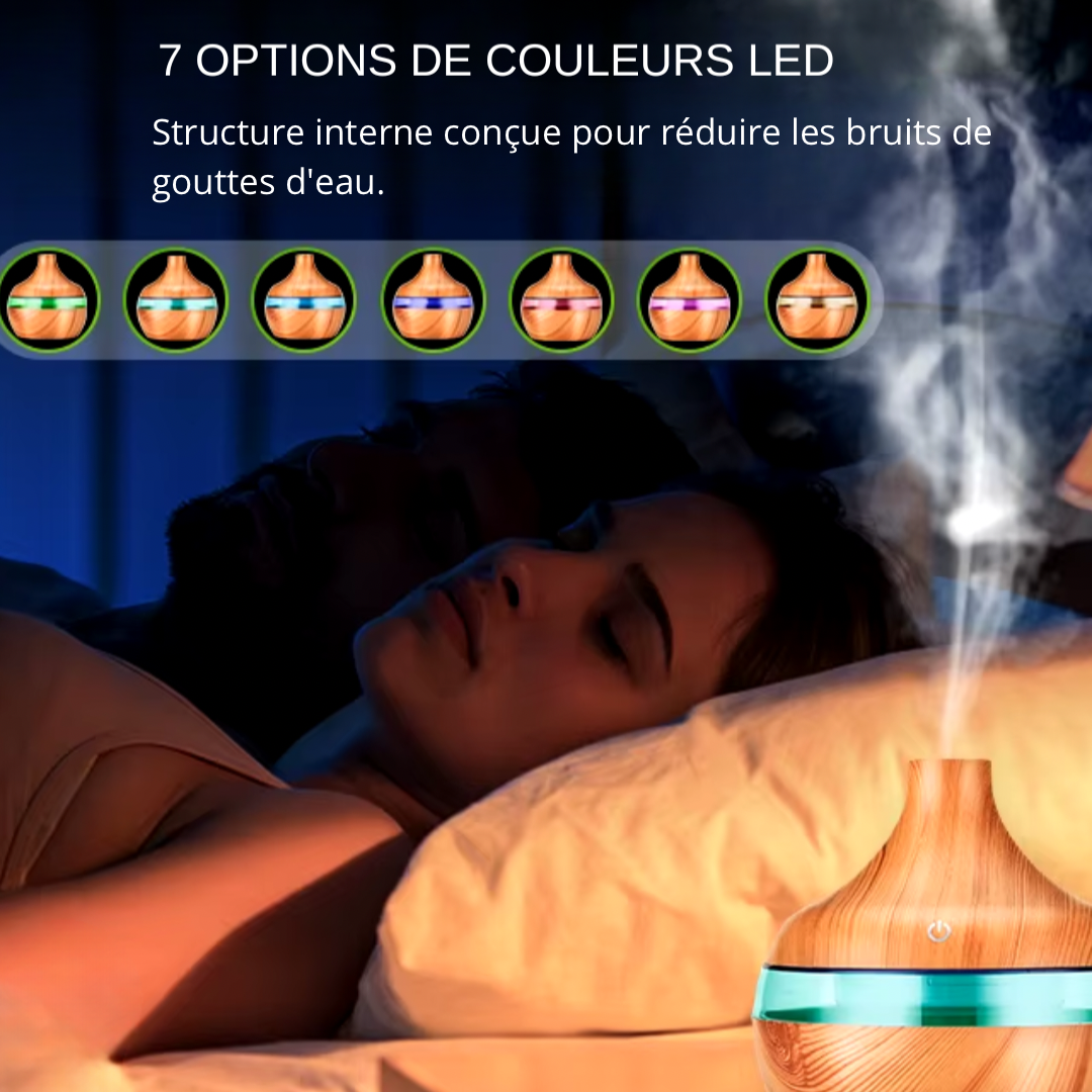 Diffuseur d’arômes à ultrasons avec veilleuse colorée ou effet flamme