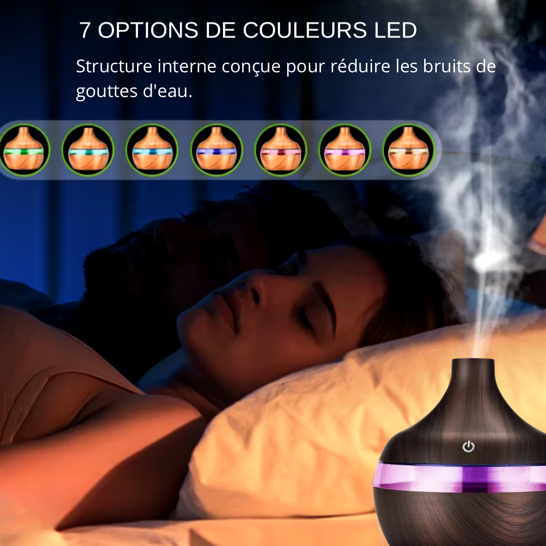 Diffuseur d’arômes à ultrasons avec veilleuse colorée ou effet flamme